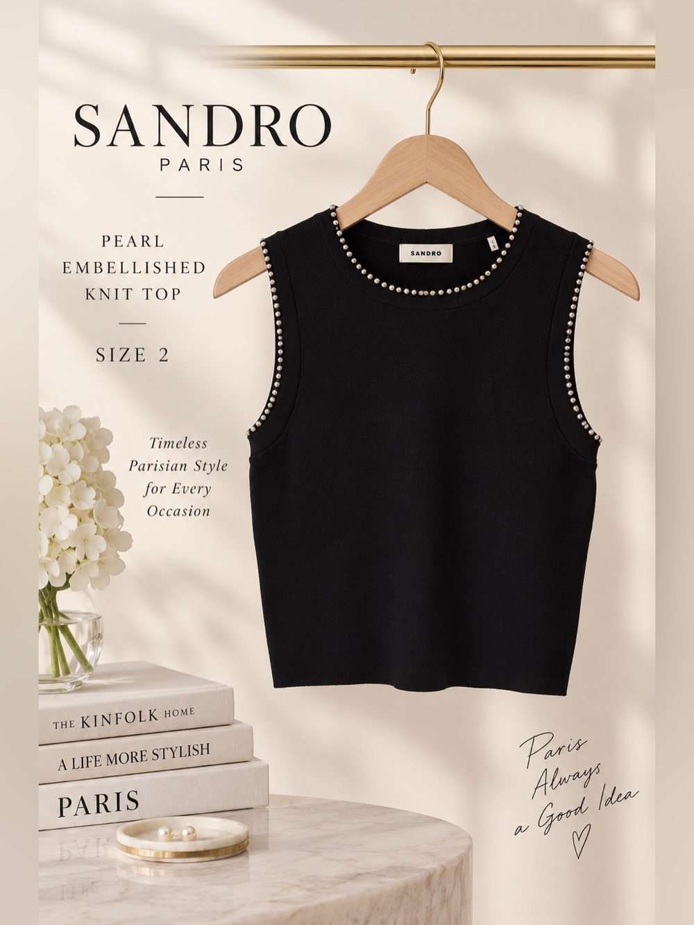 Sandro Paris Black Pearl Embellished Sleeveless Knit Top Size 2